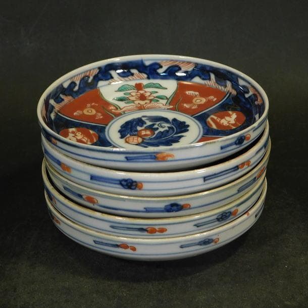 時代磁器 錦手草花紋 小皿（五枚）富貴長春銘】