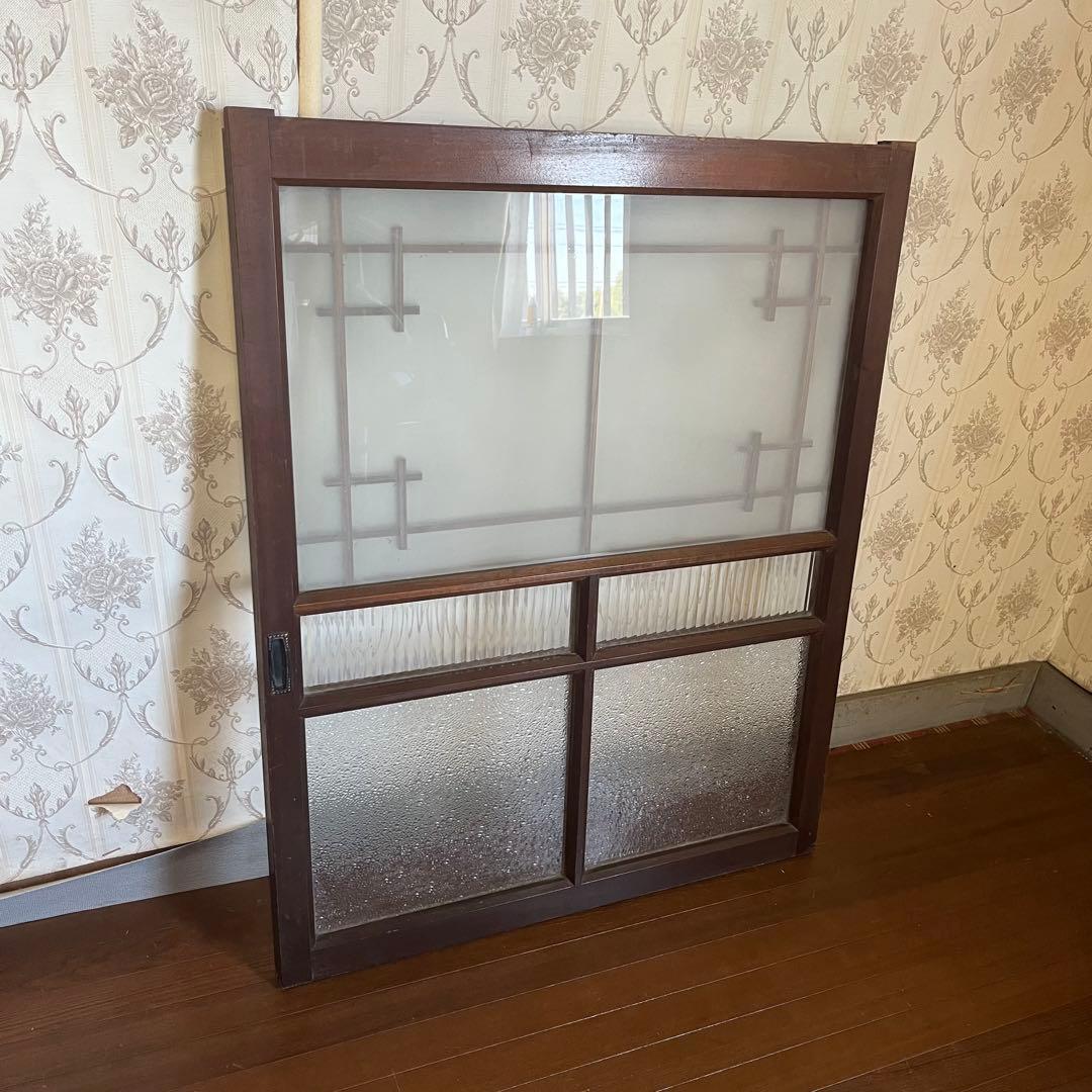 アンティーク】昭和レトロ 木製 建具 格子窓 引き戸 モールガラス 2枚