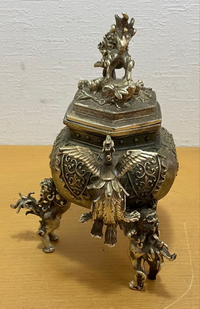 香炉】六角形の香炉 元成作 獅子飾り付蓋 鳳凰耳飾 獅子