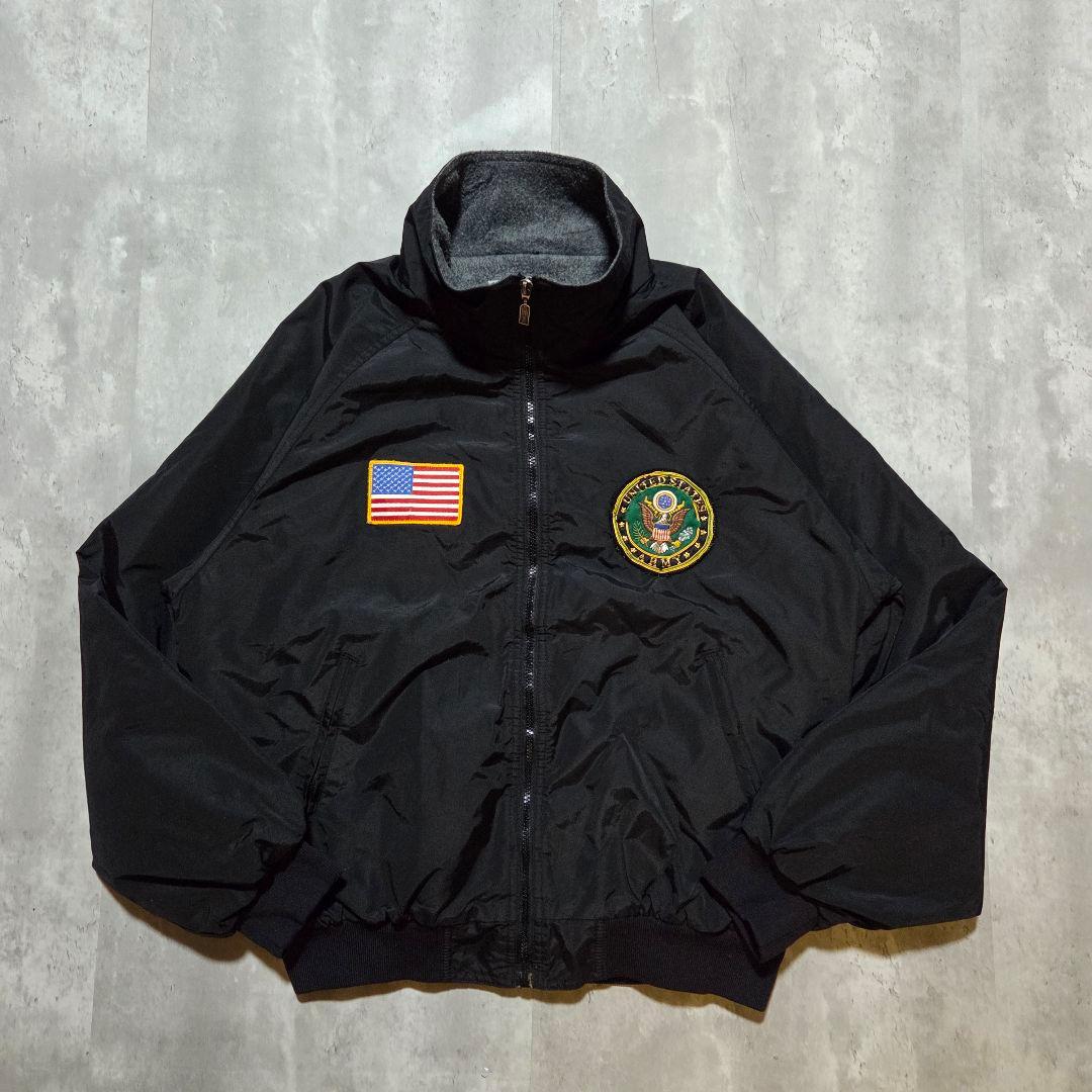 古着90sHollowayブラックウォームアップジャケット星条旗USA黒Army 古着 90s USA製 米軍 USAF 星条旗 フラッグ ウール × 本革 レザー