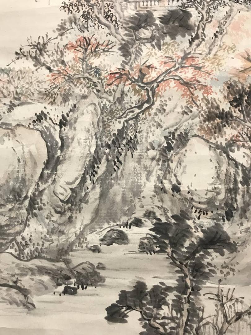 【真作】森半逸/楓林煙寺/山水図/秋景山水図/掛軸/名家伝来/AC-744