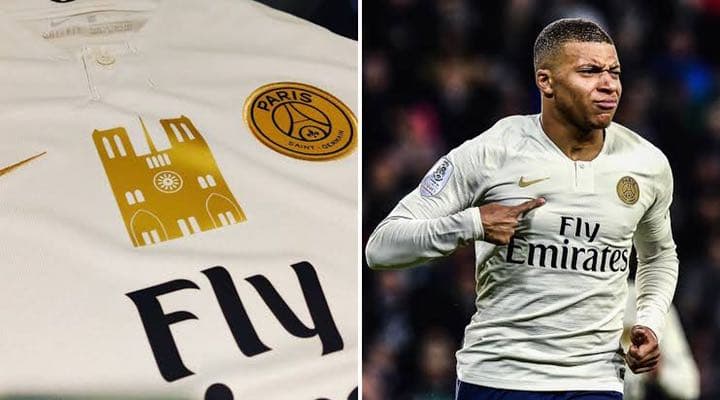 ノートルダム大聖堂火災寄付品　PSGユニフォーム　ムパッペ PSG、ノートルダム大聖堂が描かれた特別ユニホームを着用 写真10枚