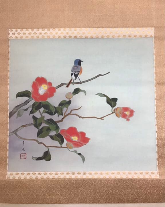 掛け軸　「椿小鳥」　設色花鳥画　書斎飾り