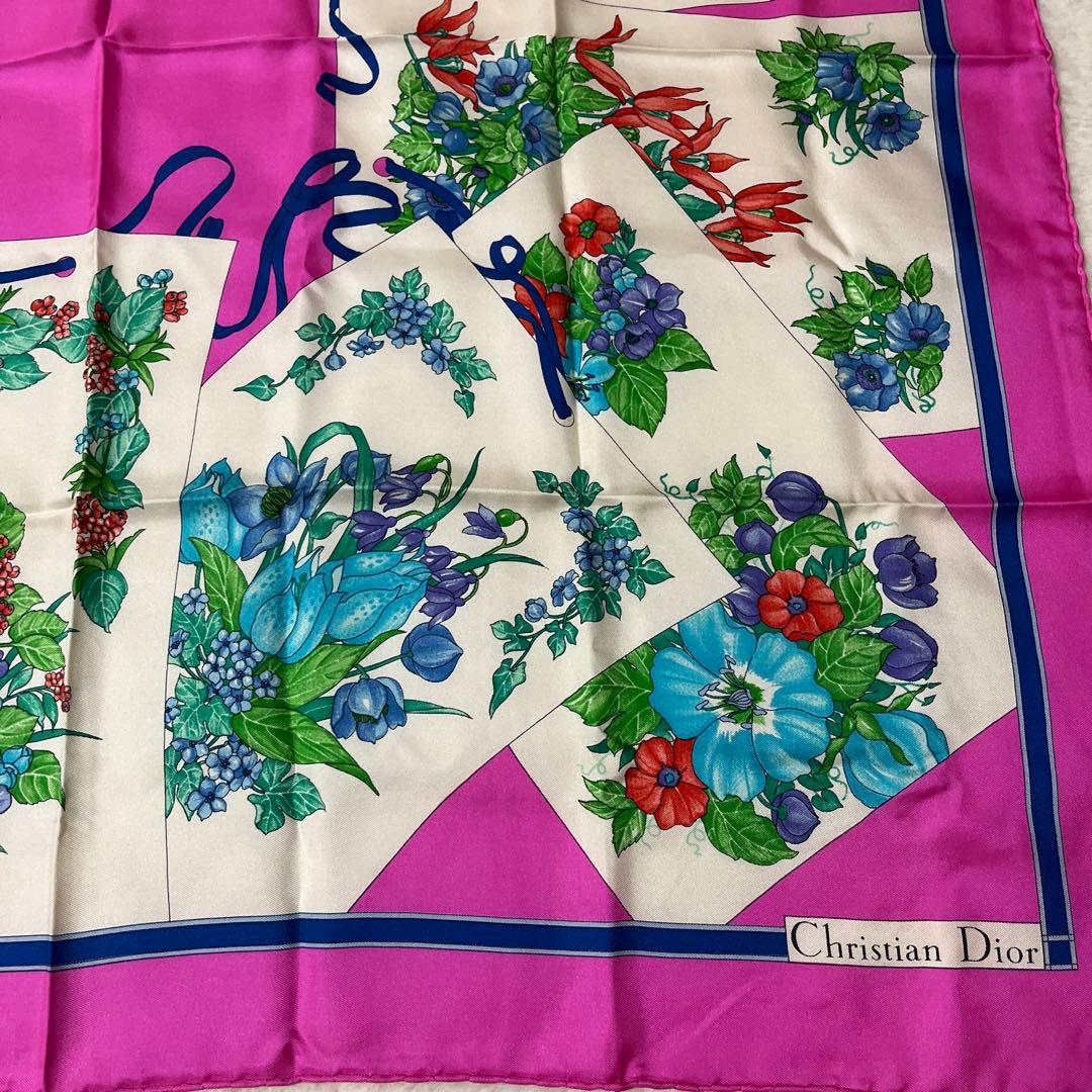 美品 クリスチャンディオール スカーフ シルク 花柄 リボン 白 ピンク