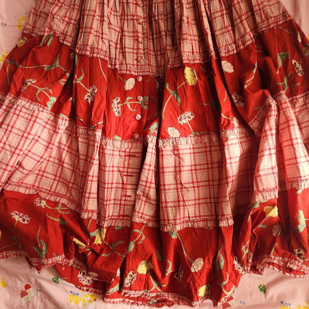 PINK HOUSE ピンクハウス 金子功 吊りスカート 5段ティアード 赤 PINK HOUSE ピンクハウス 金子功 吊りスカート 5段ティアード 赤