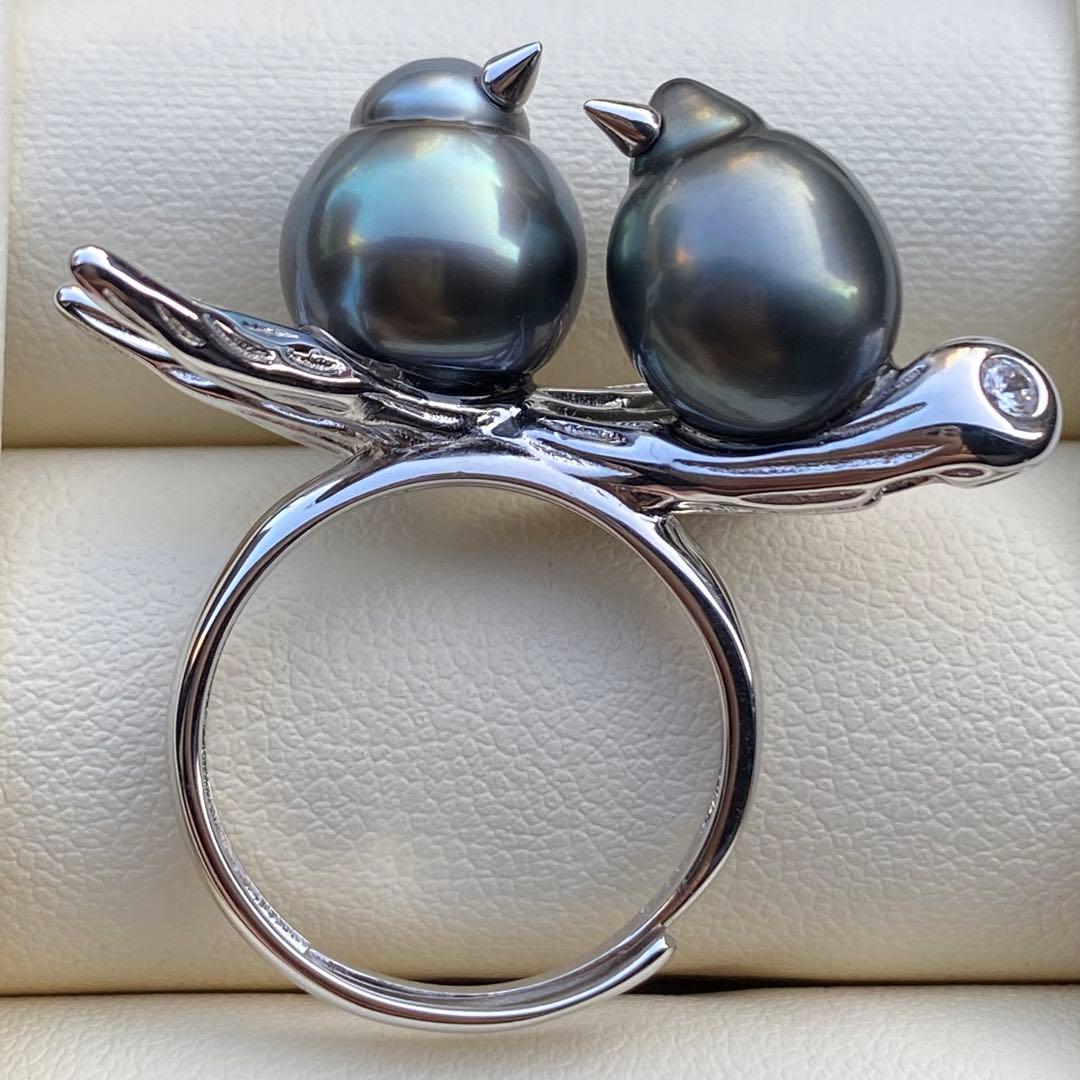 本真珠 南洋黒蝶真珠ダブルリング「鳥と枝」13mmダークグリーンL1259 南洋