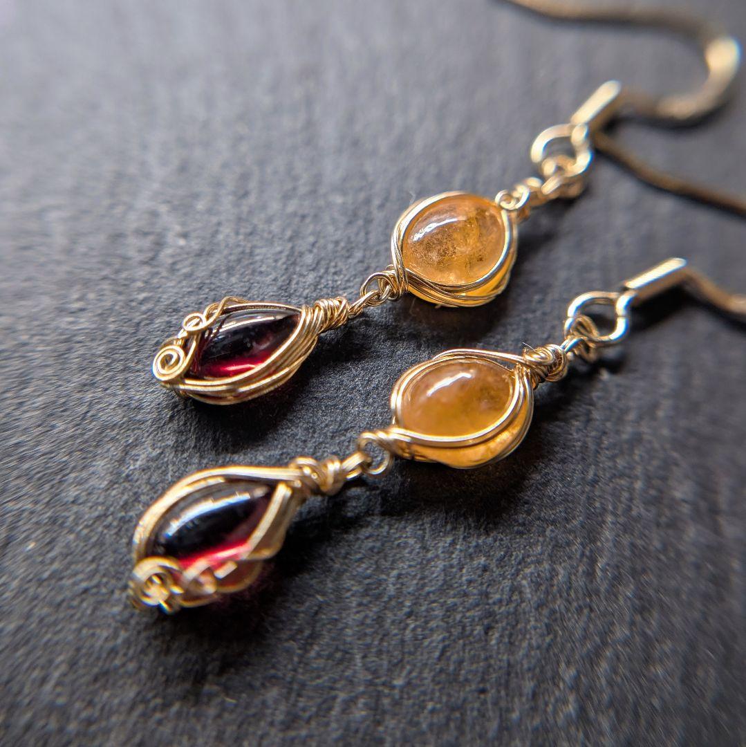 スペサルティン×ヘソナイトガーネットのピアス 14kgfワイヤーラップ