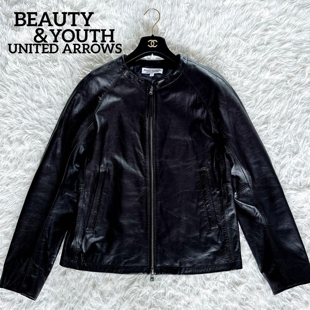 【BEAUTY&YOUTH】ノーカラー シングルライダース 牛革 ブラック XL セール】Real leather Cowhide Single riders/牛革製シングル