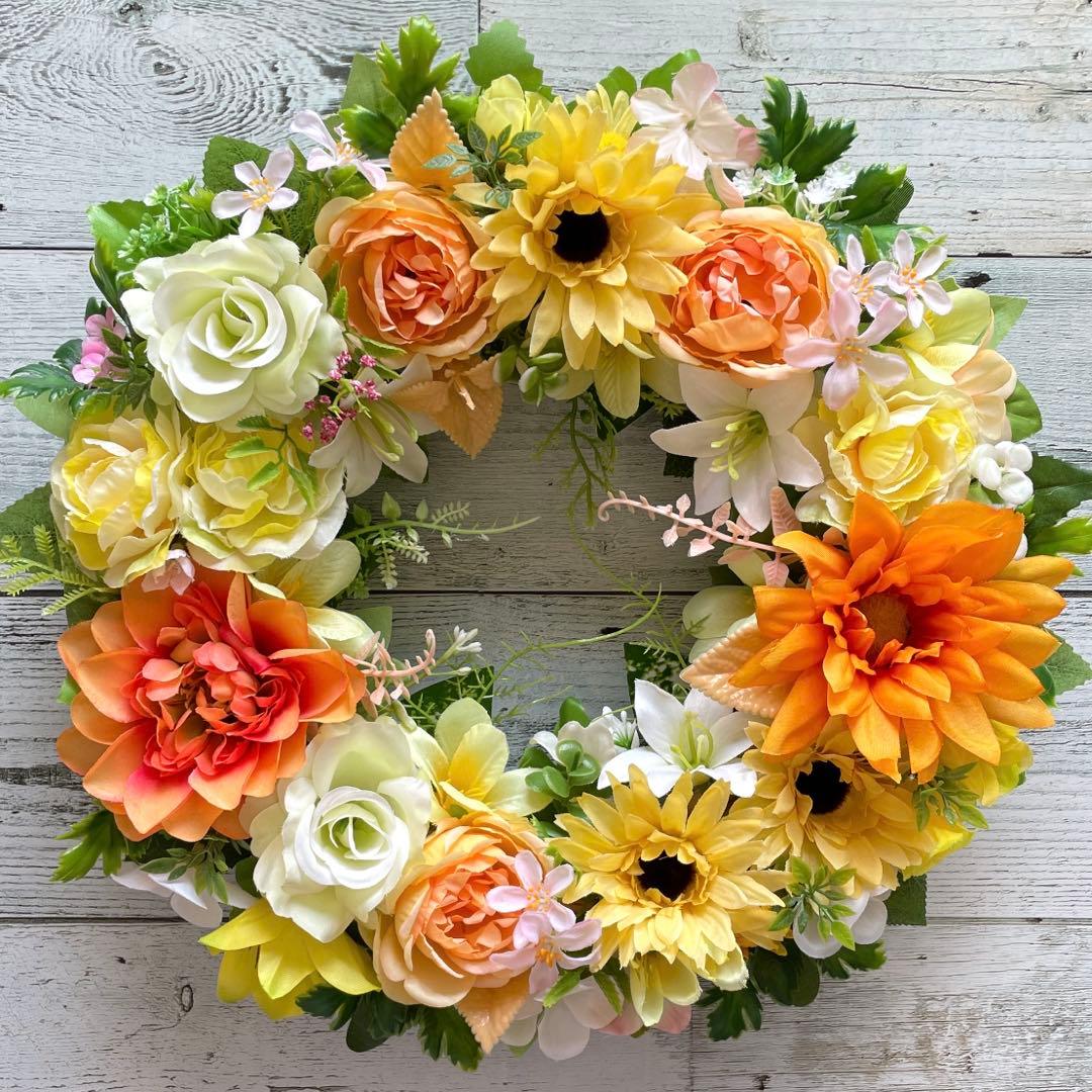 フラワーリース☆玄関リース☆春のリース☆オレンジ系リース☆華やか