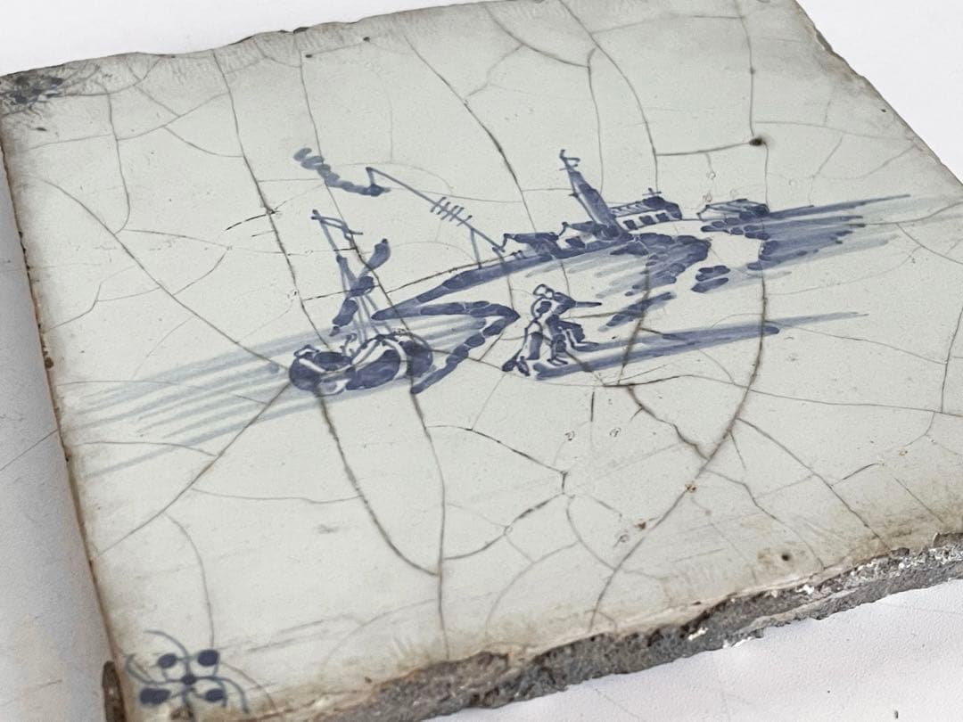 骨董 アンティーク デルフトタイル 染付 人物文 港 船 17世紀 オランダ