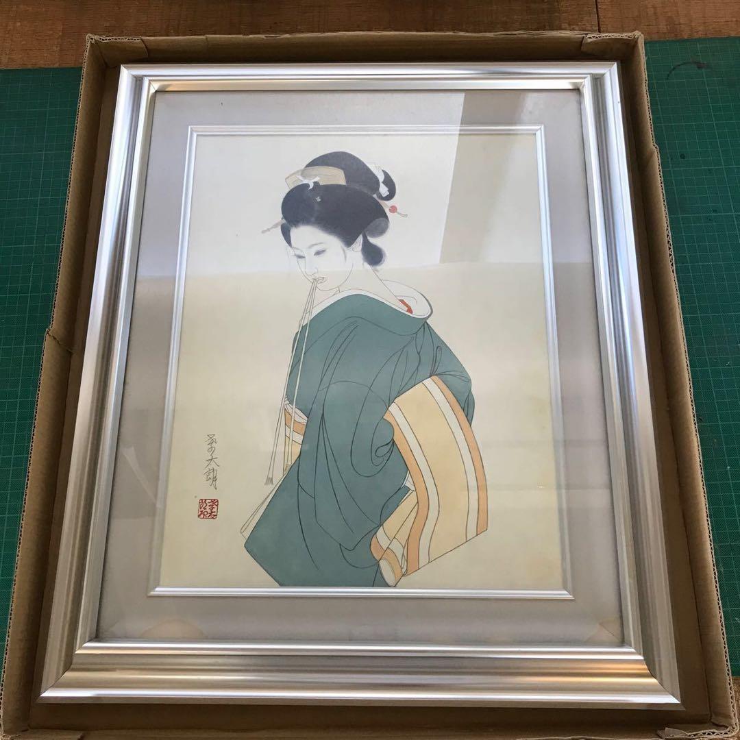 真作保証 直木孝太郎 着物の女性 F6号 直筆 肉筆 美人画 ガラス 日本画