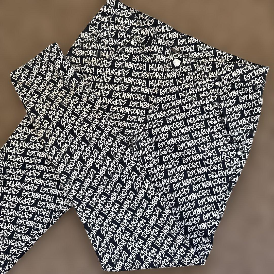 防寒　蓄熱　裏地付き　パーリーゲイツ　パンツ　総柄　M〜L相当　紺　白　ネイビー 超美品】パーリーゲイツ 中綿ナイロンパンツ ネイビー 千鳥格子地模様