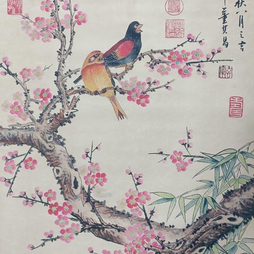 【証書付き・中堂画】花鳥図 掛軸　手描き作品　大型サイズ 70×173cm