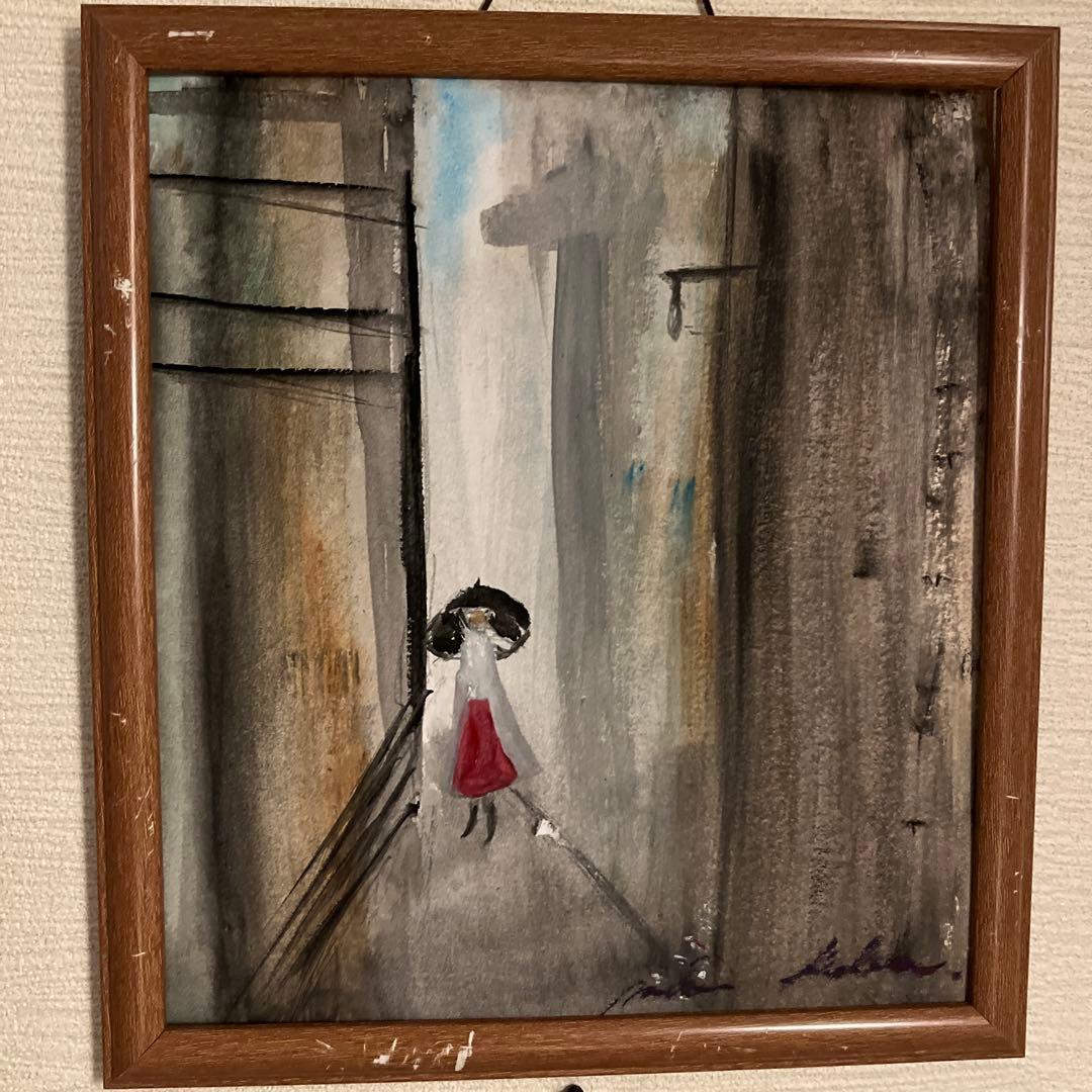 水墨画 女性と街並み 赤いドレス　フレームなし Street photo A woman in a red dress series ※The woman in the red