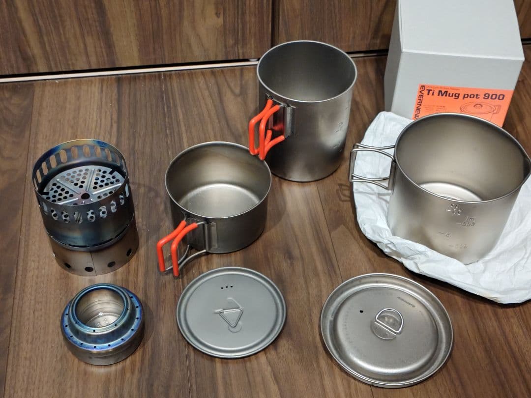 エバニューチタンカップ760と400、チタンポット900、アルストセット エバニュー チタンカップ400のスタッキングと使用感【ノーハンドルの