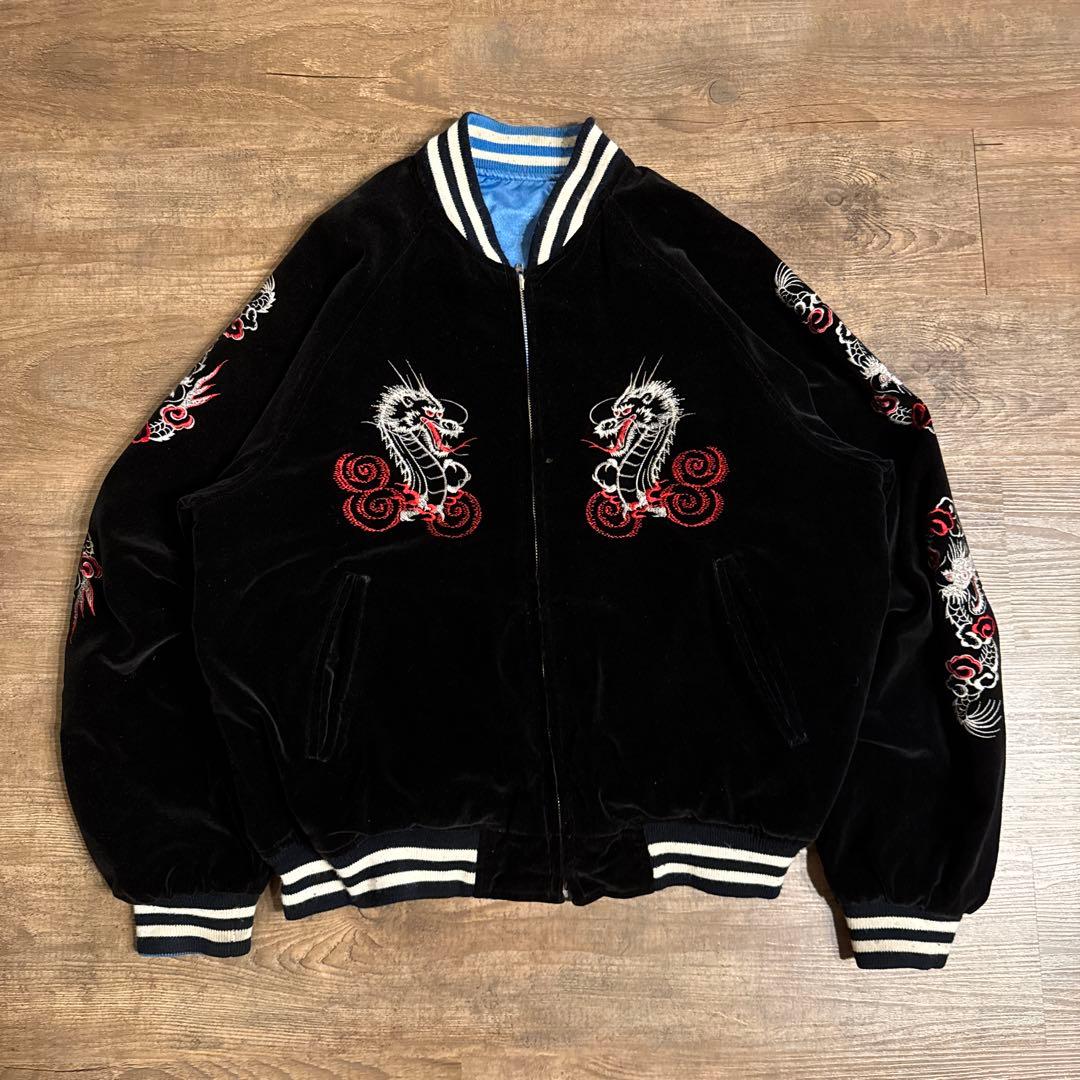 90s Shoot One 別珍　リバーシブル スカジャン サテン ベロア M shoot one スカジャン ベロア 別珍 スーベニア 蛇 龍 ドクロ 刺繍