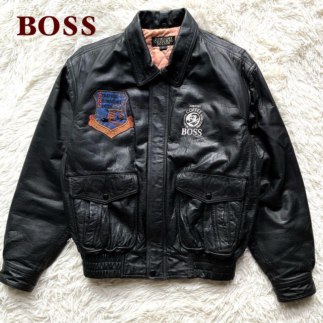 90's✨サントリー BOSS レザージャケット 牛革 ワッペン L ブラック