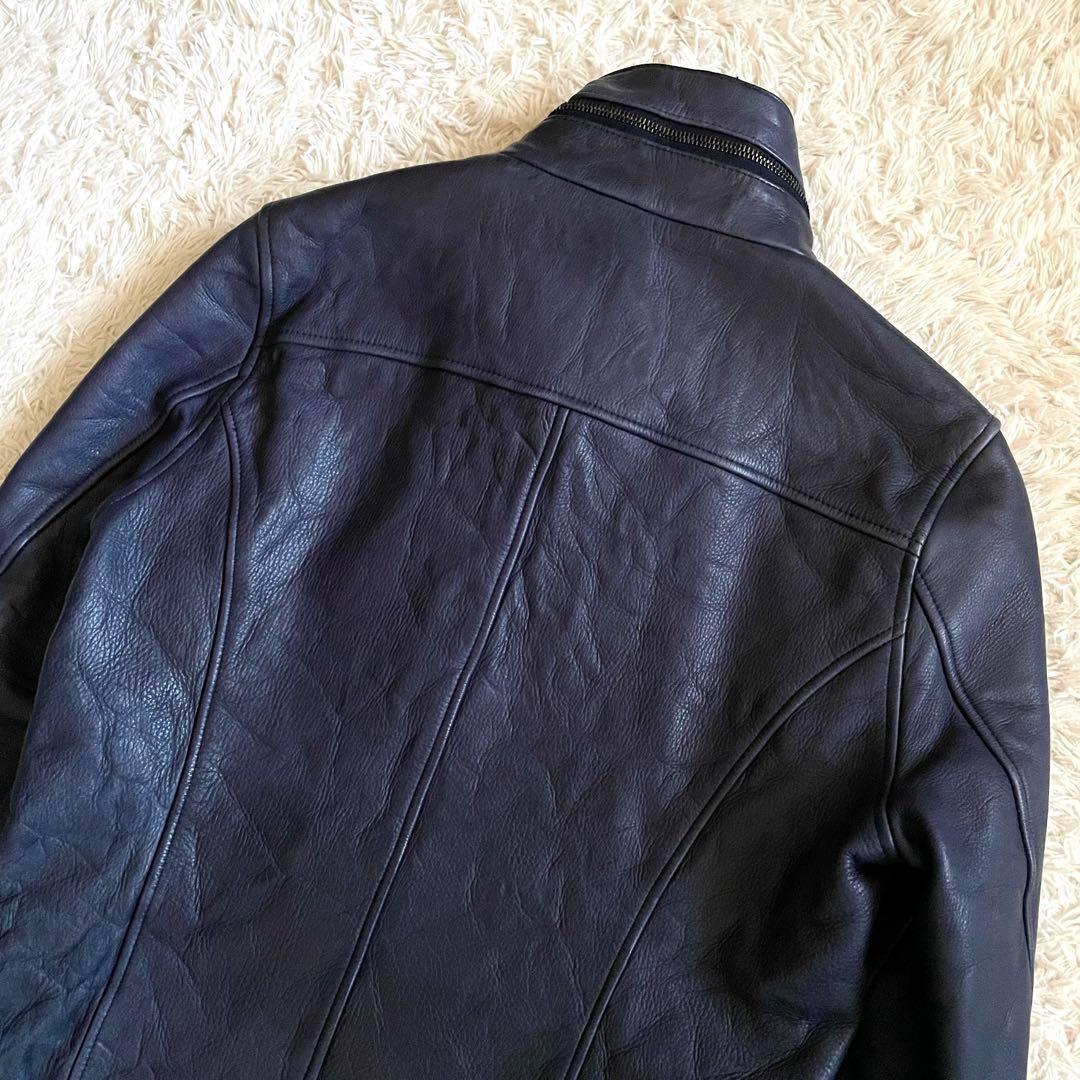 美品】ジュンハシモト インナーライダースジャケット 牛革 シワ加工 紺