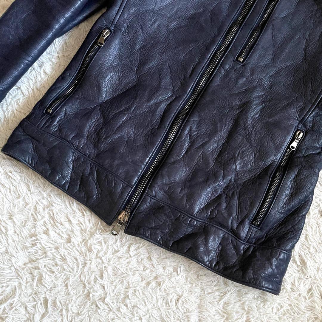 美品】ジュンハシモト インナーライダースジャケット 牛革 シワ加工 紺