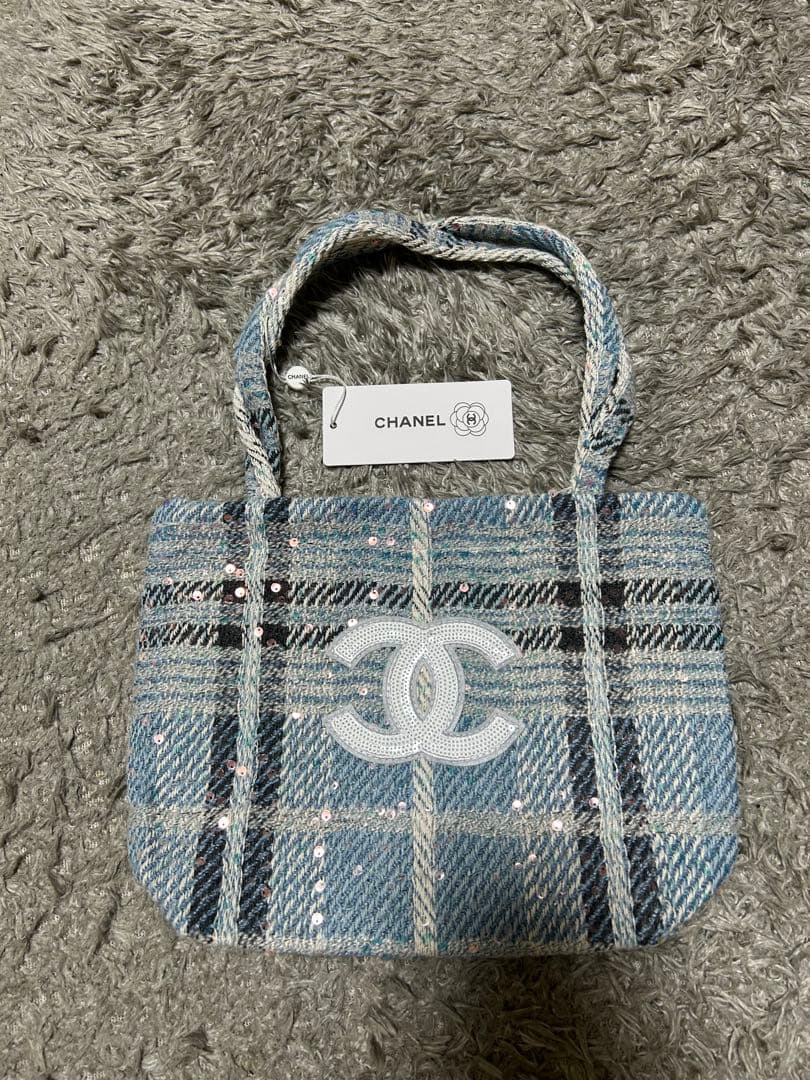 シャネル　ビューティーバッグ　ノベルティ　 ツィード　スパンコール　ブルー CHANELシャネル ココマークツイードスパンコール トートバッグ ブルー