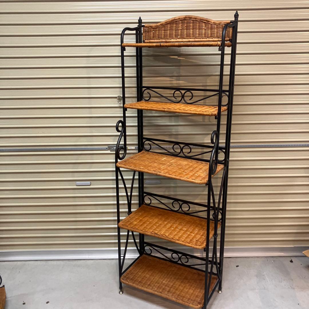 アンティーク調 アイアンフレーム 5段折りたたみラタンラック 飾り棚