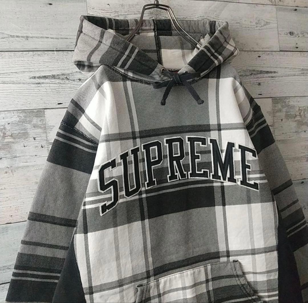 人気デザイン☆シュプリーム 刺繍 アーチロゴ チェック柄 パーカー M