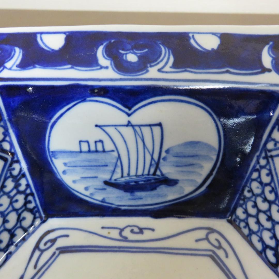 角鉢 丼 染付 古伊万里 蛇の目 帆掛け船 扇窓 印判 - メルカリ
