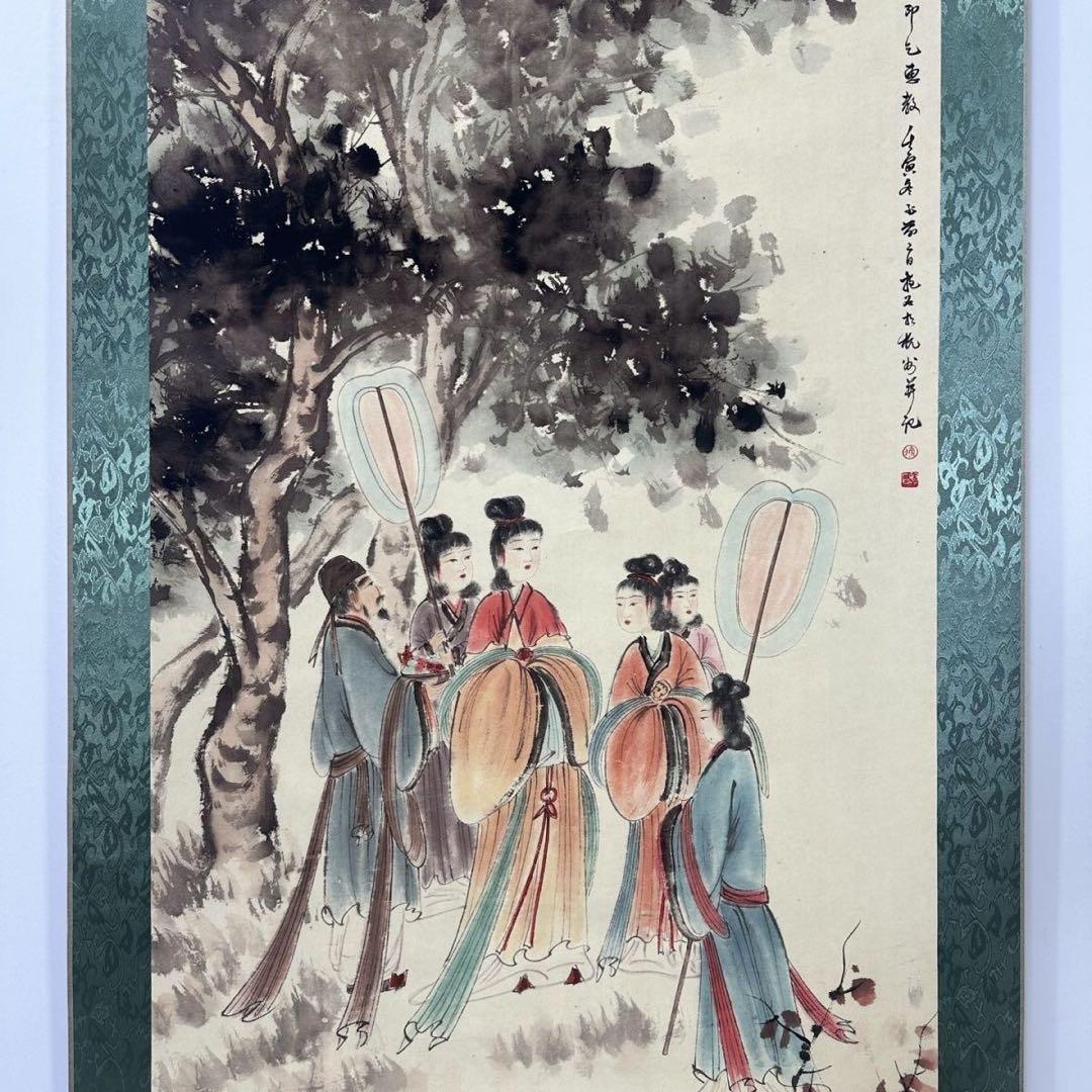 傅抱石《官苑遊怡図》　三尺中堂　掛軸　中国名人書画　人物画　防伪标识付