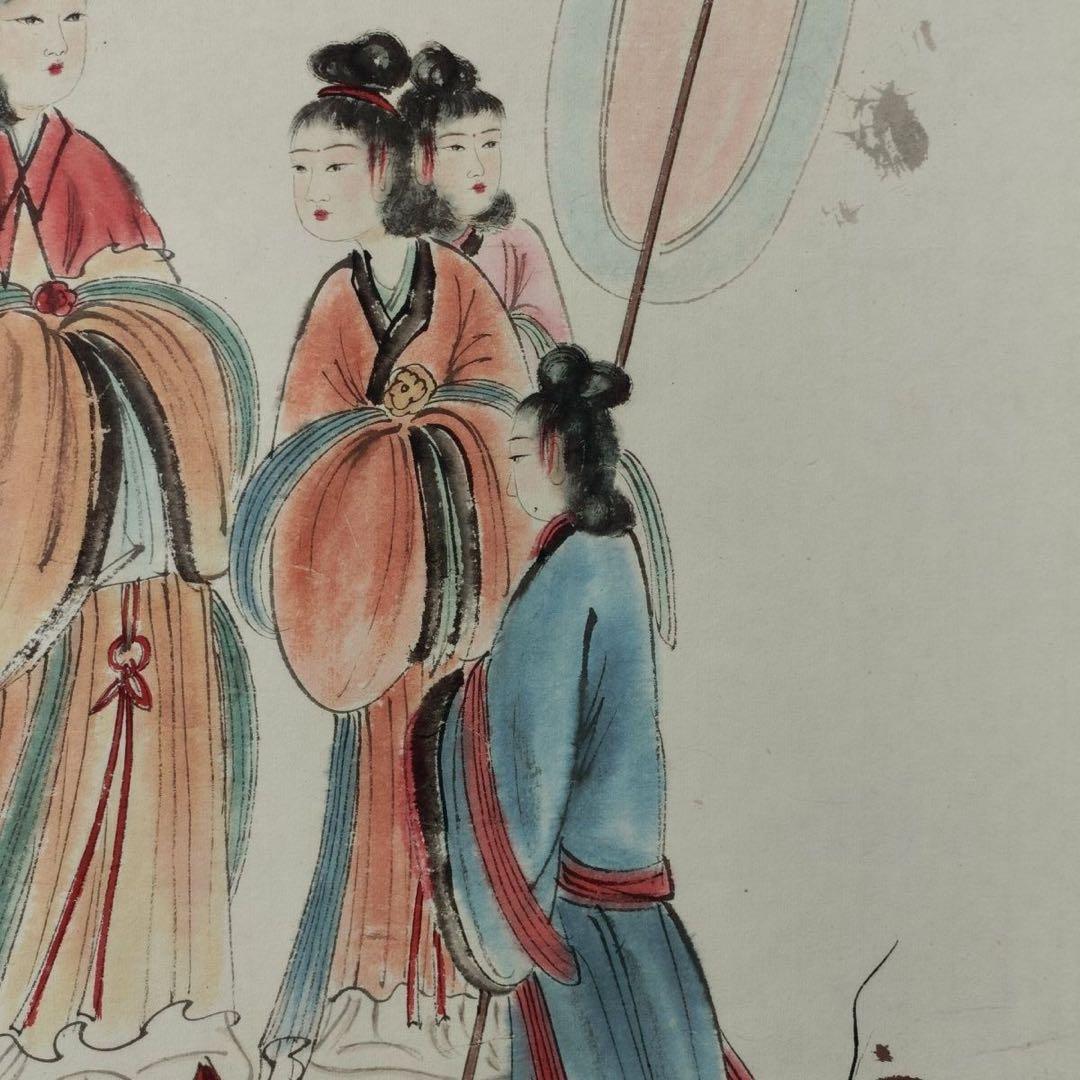 傅抱石《官苑遊怡図》　三尺中堂　掛軸　中国名人書画　人物画　防伪标识付