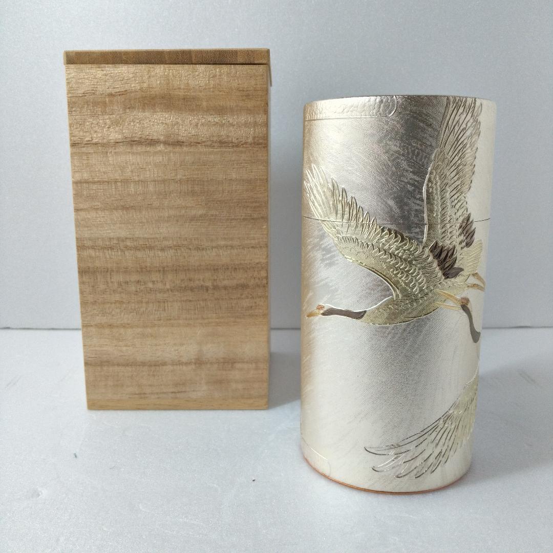 彫金銅器 茶筒 木箱入り 鶴絵柄 - メルカリ