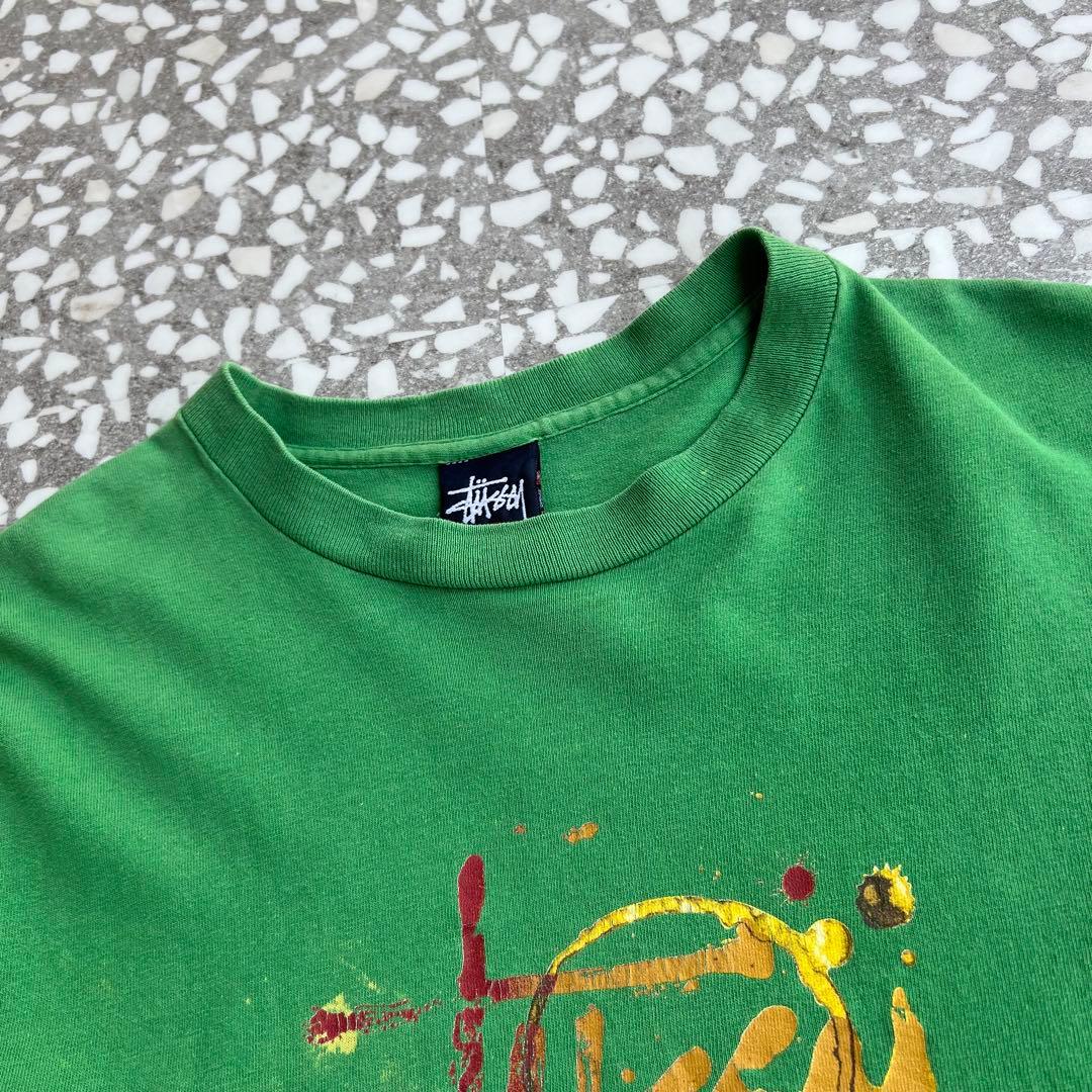 90年代アメリカ製、ペイントデザイン】stussyストリートTシャツ古着緑M
