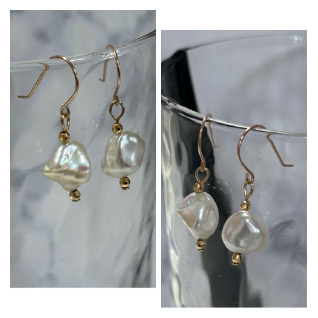 M0923-1)K18PG,YG南洋白蝶ケシパールピアス 宝石 ぶら下がり