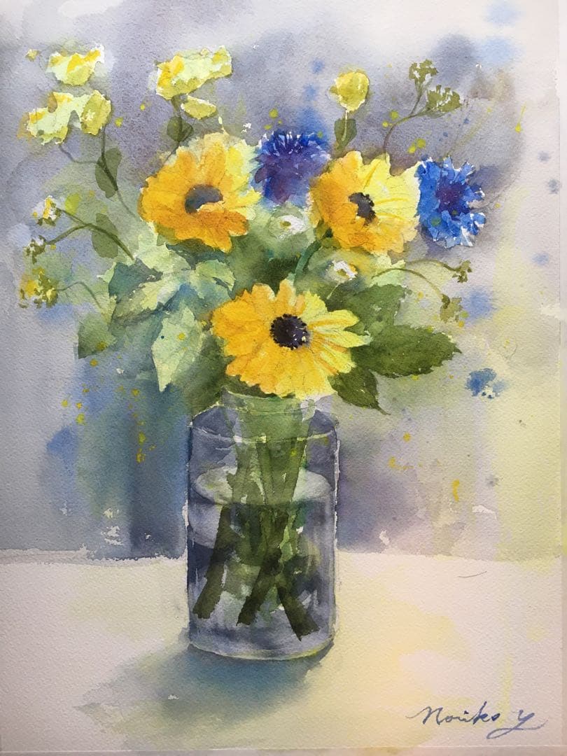 透明水彩画原画夏の花束ひまわり 夏の花 sunflower . . . . . . . #ひまわり#透明水彩#水彩#水彩画