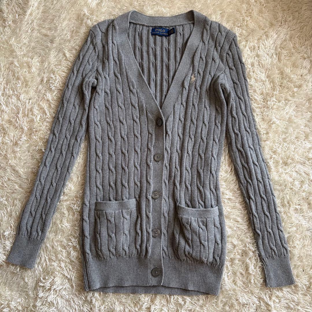 ラルフローレン ケーブルニットカーディガン グレー XS グレー×白