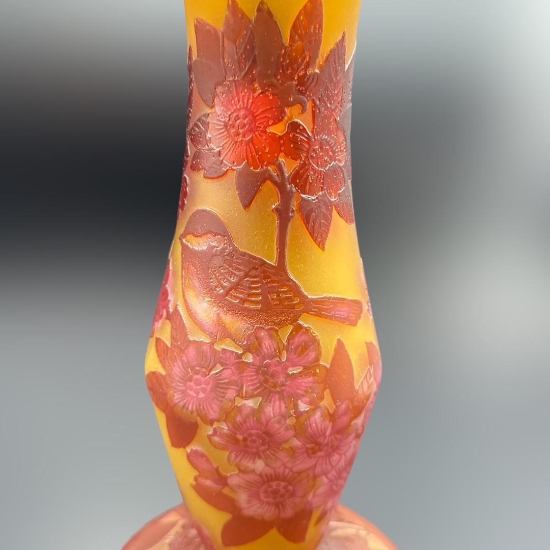 エミールガレ 二灯ランプ 林檎紋 カメオ彫り 被せガラス 高さ50cm