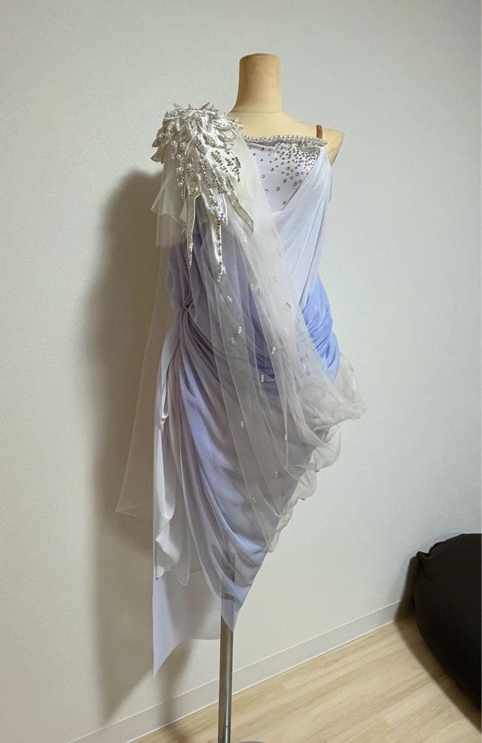 社交ダンス　ドレープのラテンドレス 社交ダンスラテンドレス】商品番号 22829（ブルーターコイズ青系 お袖