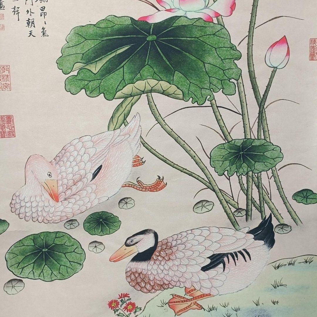 中国画 掛け軸 唐寅《荷塘雅趣》 中堂 証書付き／防伪 花鳥画インテリア