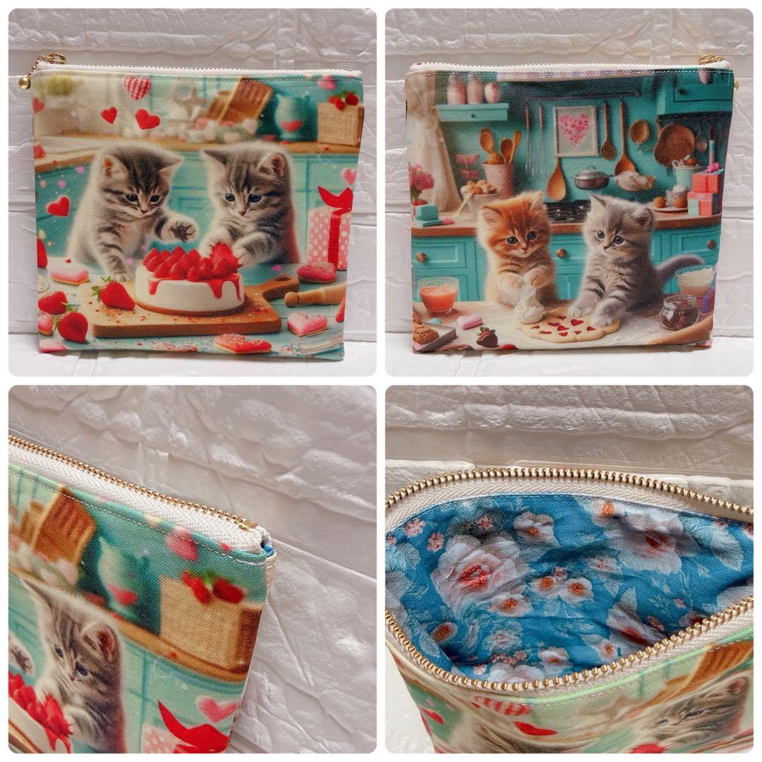フラットポーチ ハンドメイド 猫ちゃんポーチ お菓子作り④ 両面パネル