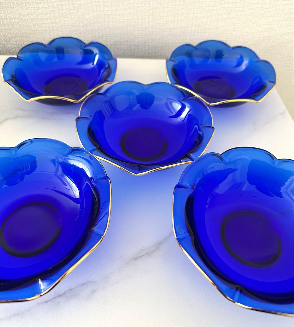 未使用】河上恭一郎 瑠璃金縁 輪花皿 クリスタル ガラス 5枚 青 銀座