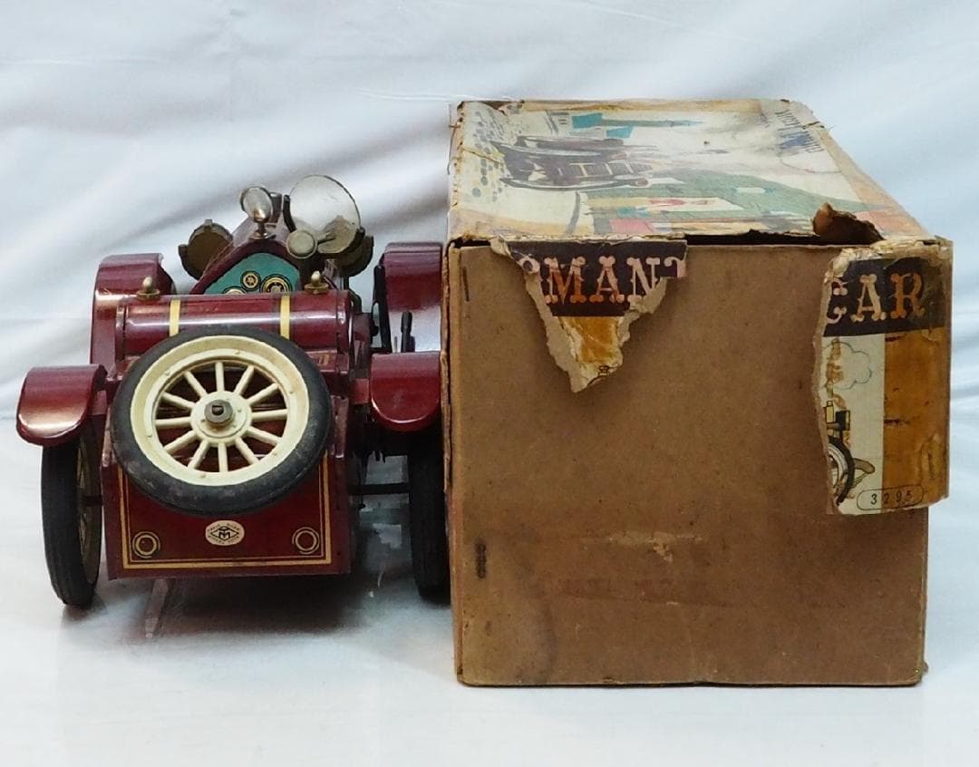 増田屋【ロマンティックカー赤ハンドル折 動作不良】tinブリキtoy car箱付
