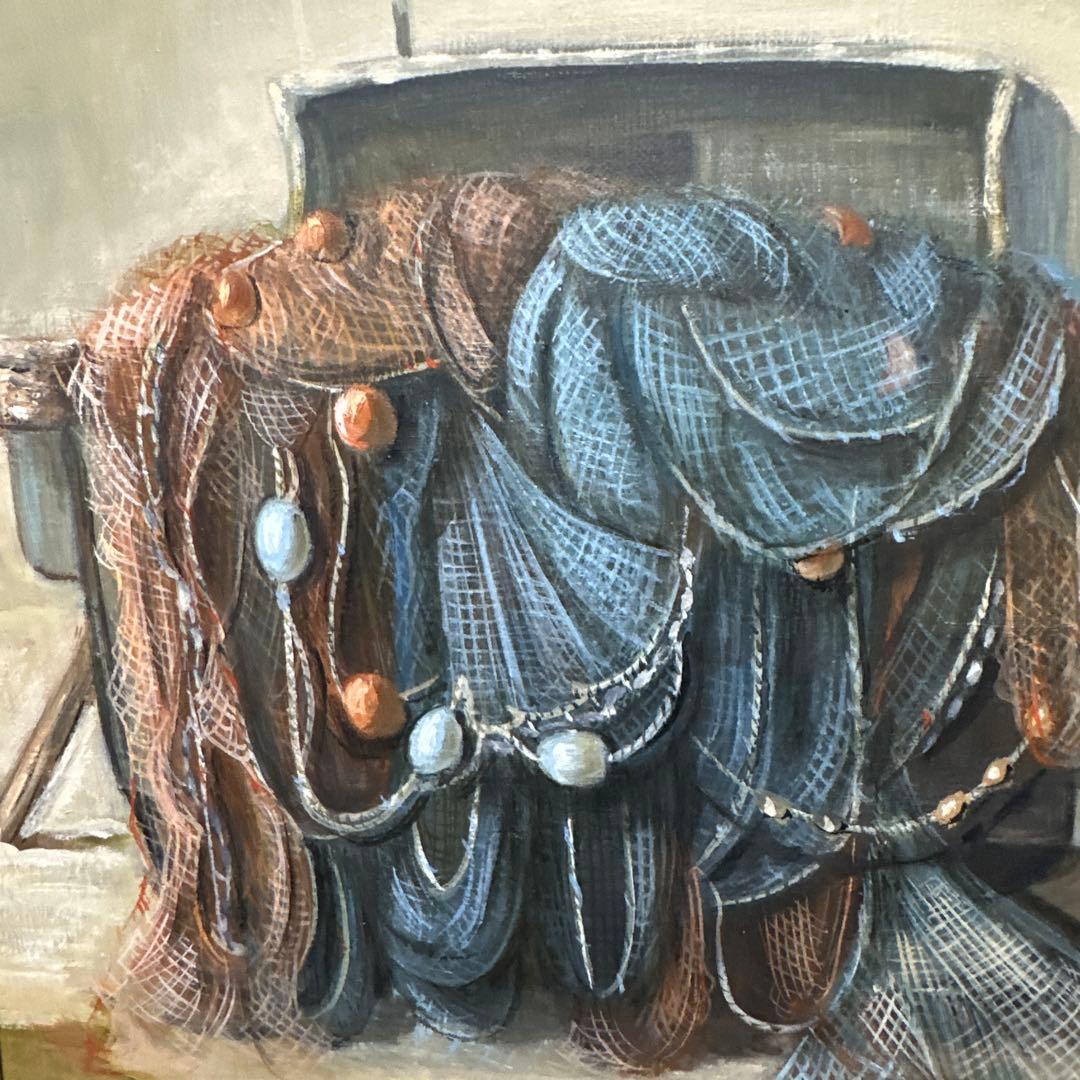 油彩　肉筆　熊倉雄ニ　漁網の絵画　美術品　インテリア　額縁　縁起の良い絵画