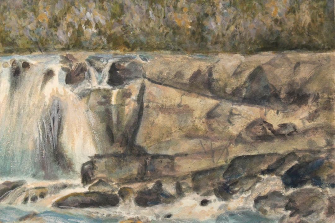 No5541 額装 井澤正子「曽木瀑声」 日本画 F10号 箱/黄袋付 送料無料