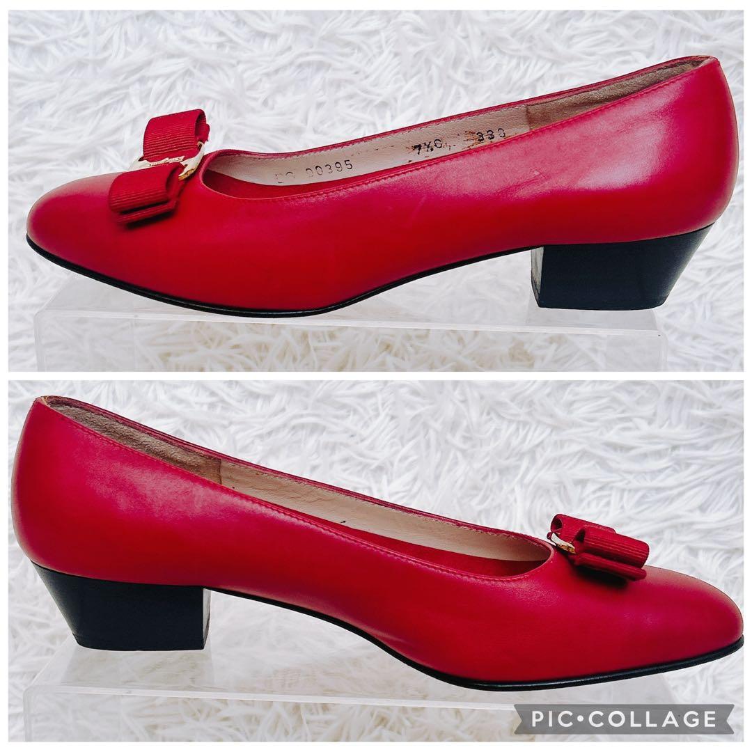 フェラガモ　パンプス　ヴァラ　リボン　ゴールド金具　赤　7.5C 24.5