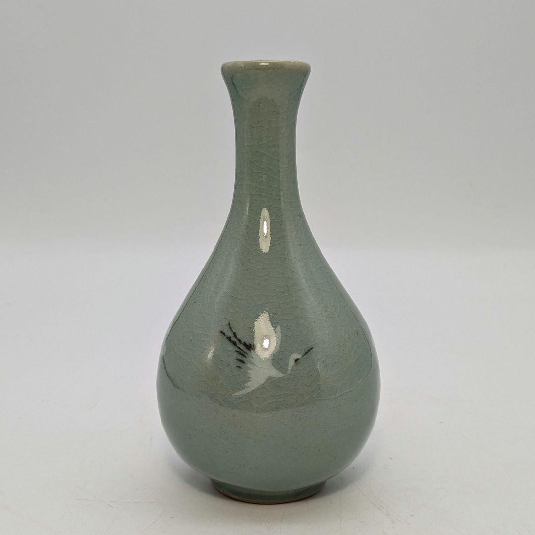 青岩窯 金二周 高麗青磁雲鶴徳利花入 共箱 韓国 花器 一輪挿し 花瓶