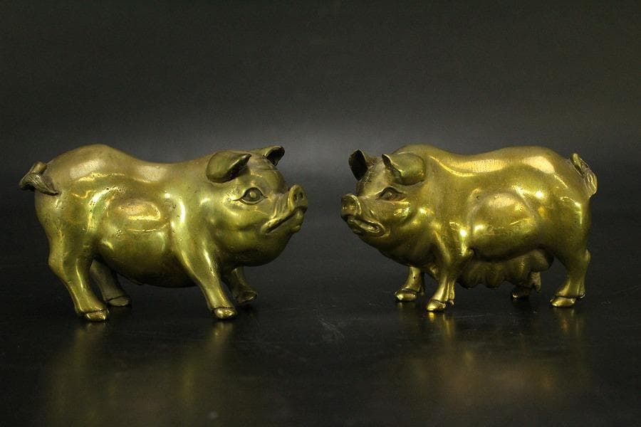 中国美術 銅 猪 一対 縁起物 7.8cmx3cm(LC537)