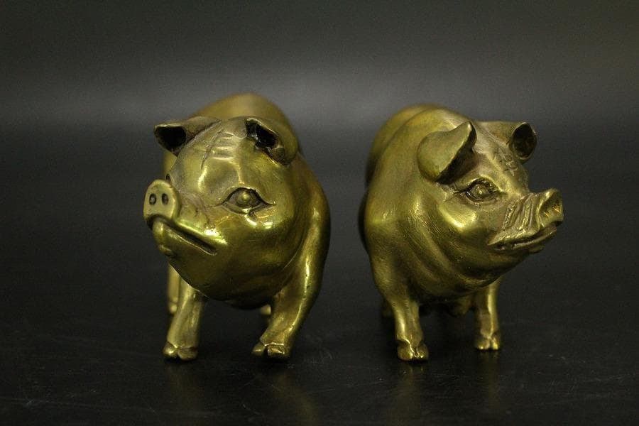 中国美術 銅 猪 一対 縁起物 7.8cmx3cm(LC537)