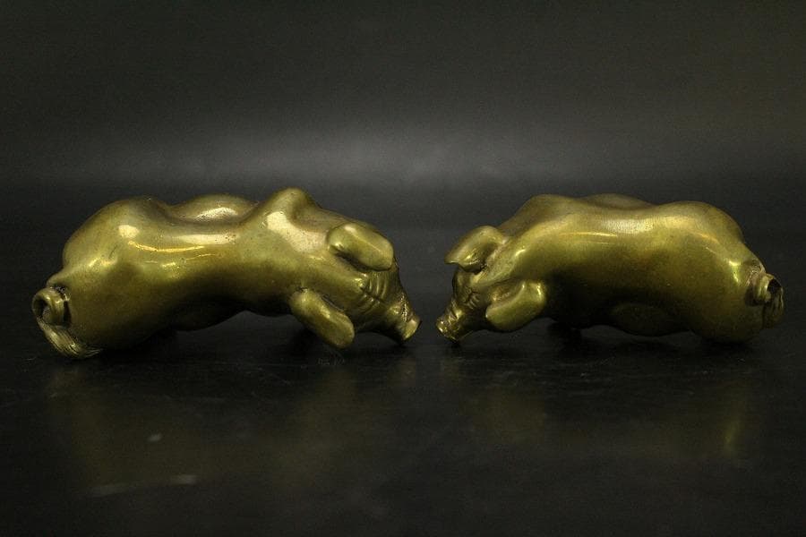 中国美術 銅 猪 一対 縁起物 7.8cmx3cm(LC537)