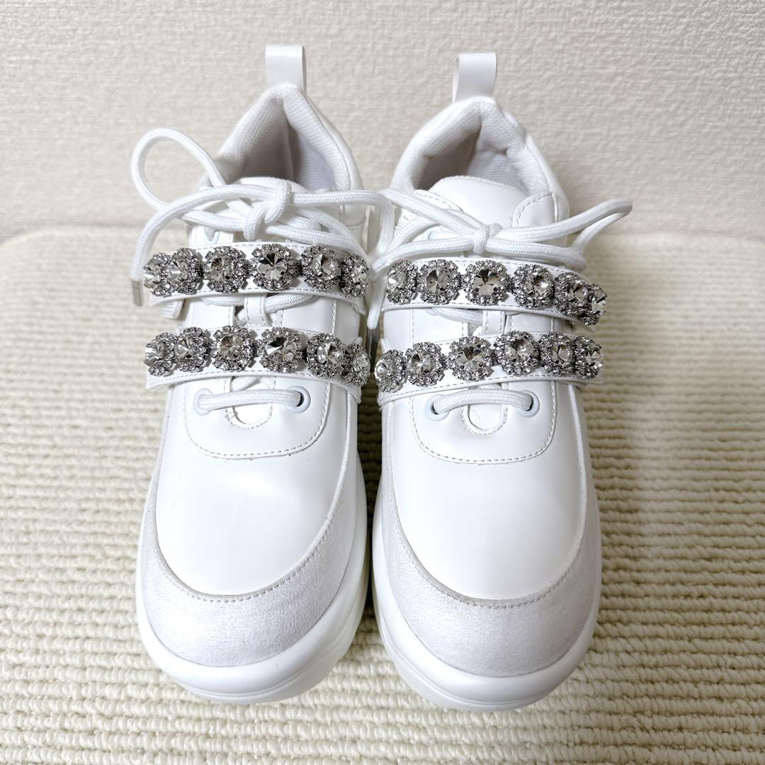 極美品】ミシェルマカロン ビジューベルト 厚底スニーカー ホワイト