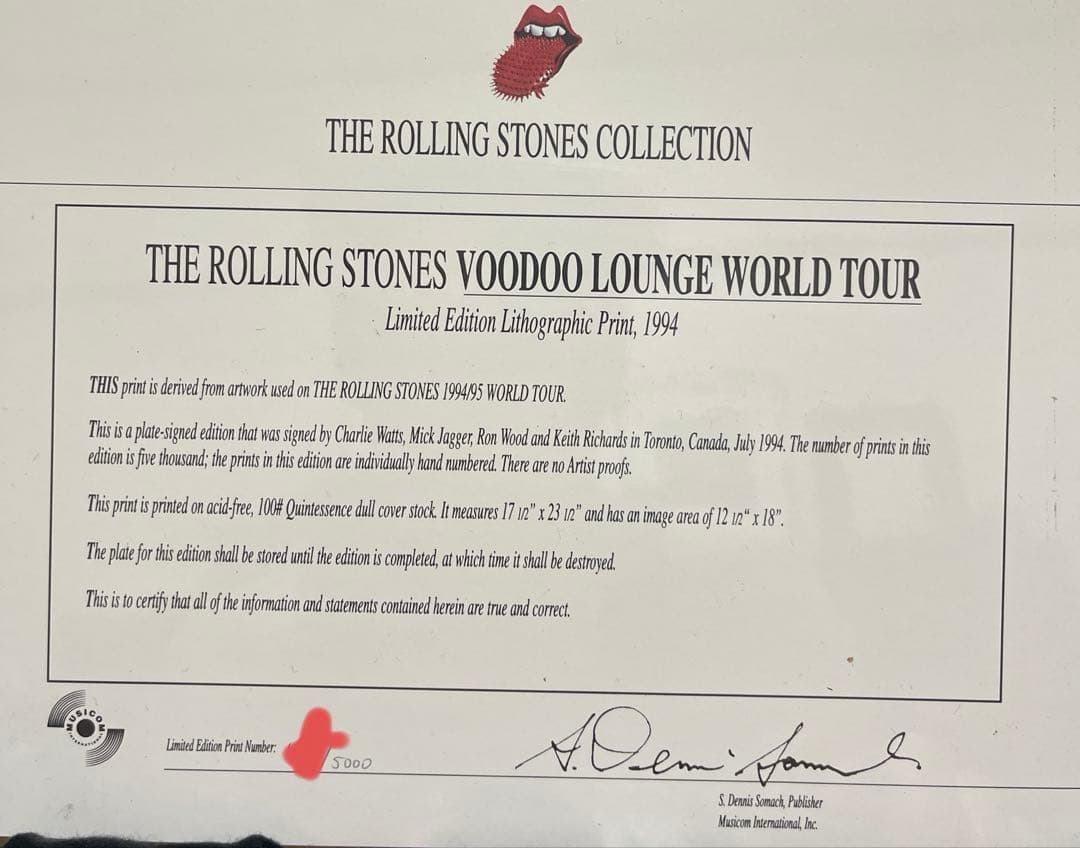 証明書No.入り限定5000枚ローリングストーンズ　94-95ツアーリトグラフ