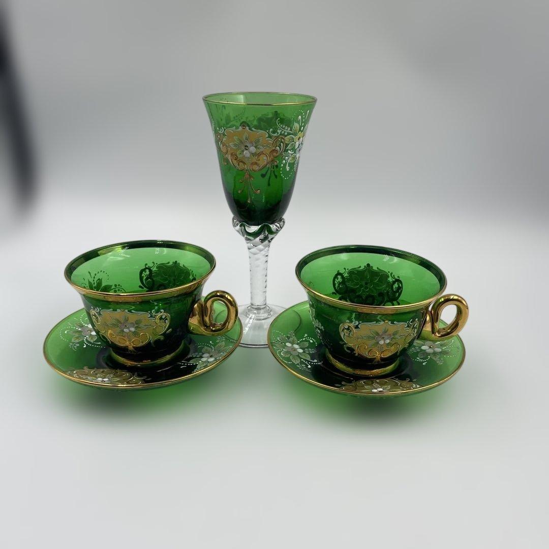 ベネチアン ガラス カップ＆ソーサー 2客とグラスセット